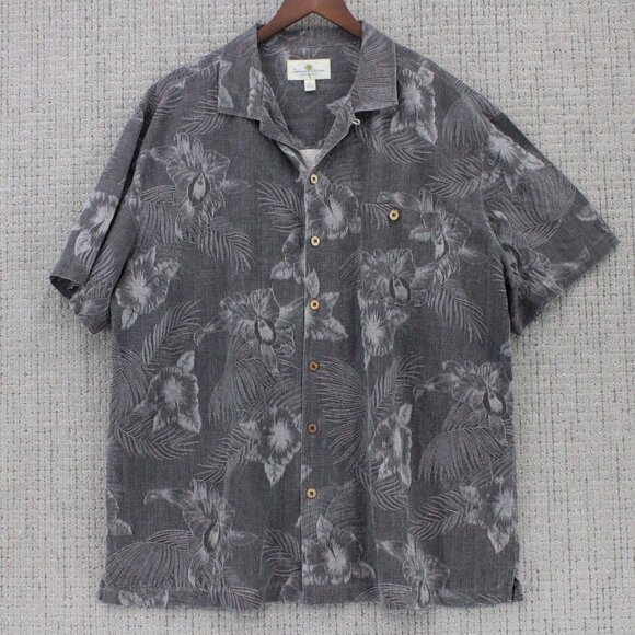 Vintage Island Shores Hawaiian Silk Shirt Mens 2XL Gray Floral Print Button Down - Picture 1 of 9